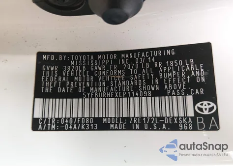 2014 Toyota Corolla S Plus from USA, damaged, VIN 5YFBURHEXEP114098